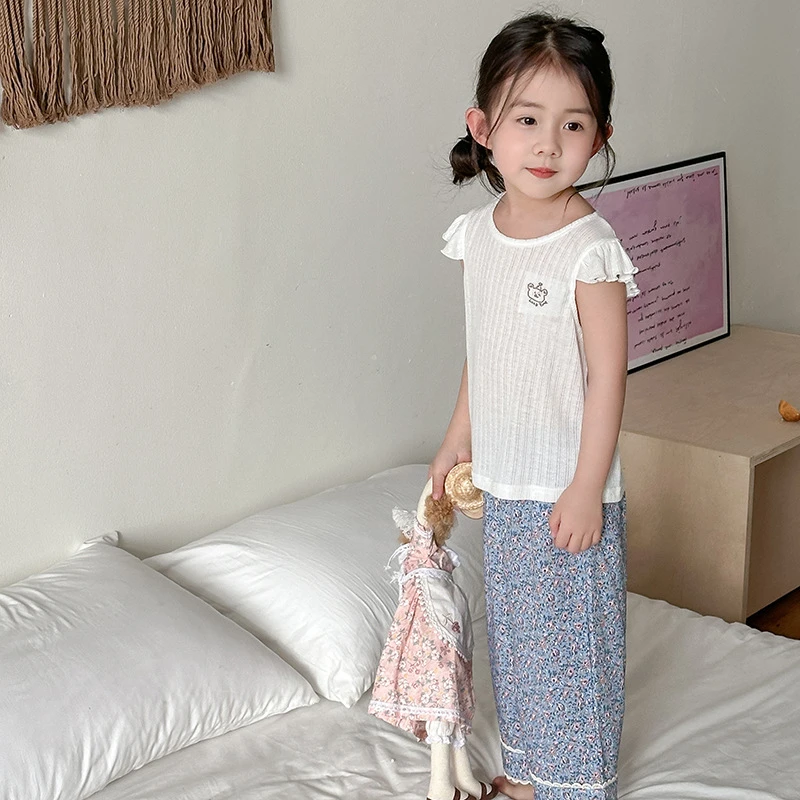 【糯七】2025夏季新款女童花边休闲裤女孩直筒裤防蚊裤韩系单裤子