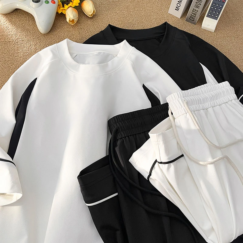 设计感拼接休闲运动套装男士夏季潮牌情侣宽松百搭短袖短裤两件套