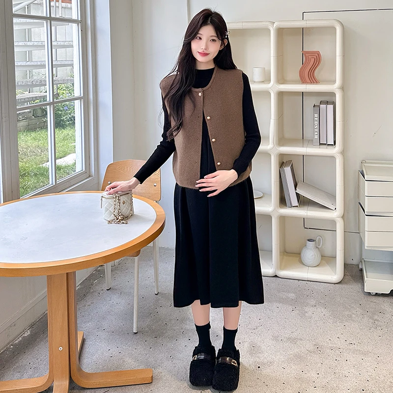 孕妇装秋冬季韩系小个子打底针织连衣裙时髦气质马甲高级感两件套