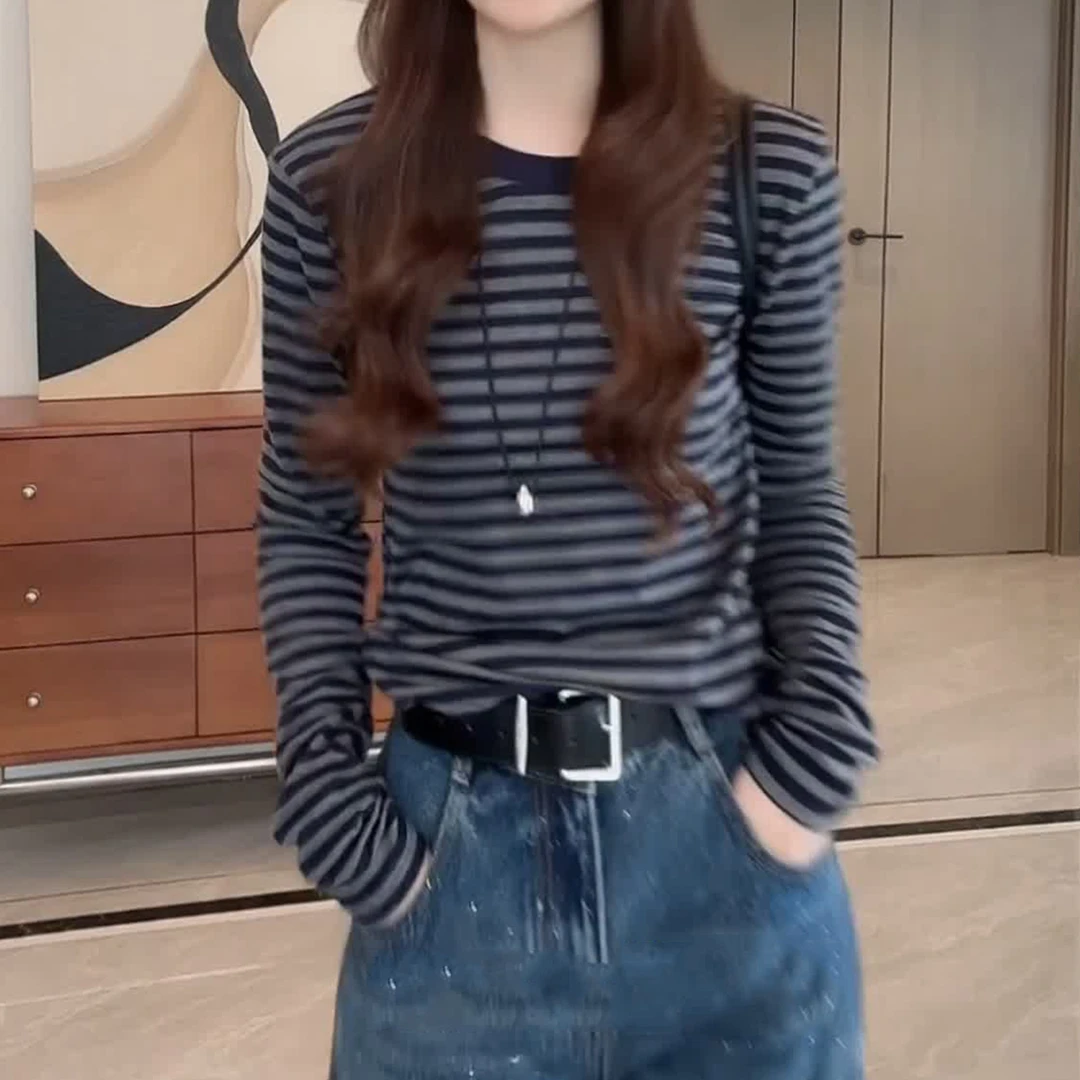 修身显瘦打底上衣秋季新款胖MM大码女装韩系撞色圆领条纹长袖T恤