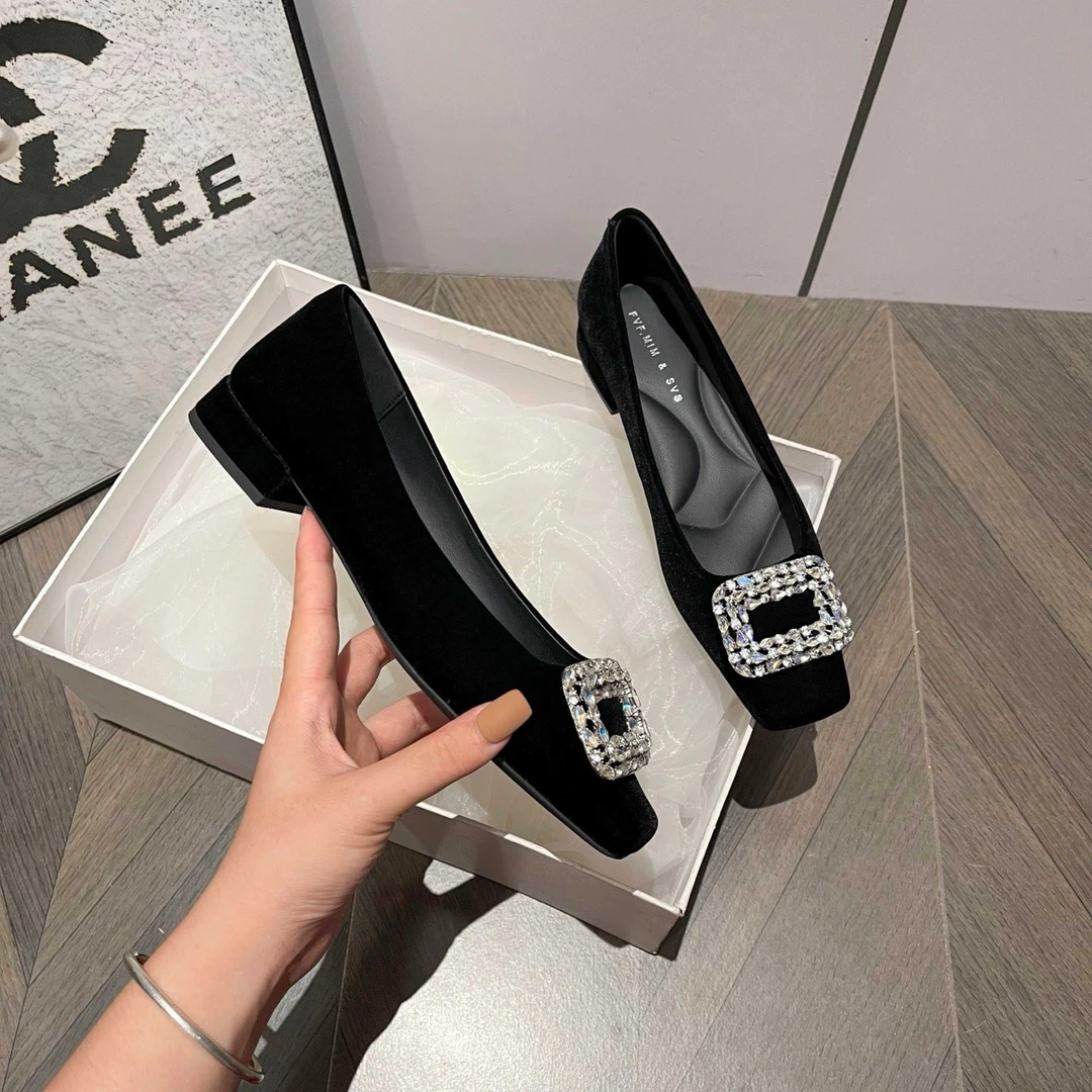 Y5110-1秋款水钻浅口法式镶嵌方头套筒单鞋低跟平底欧若假日风