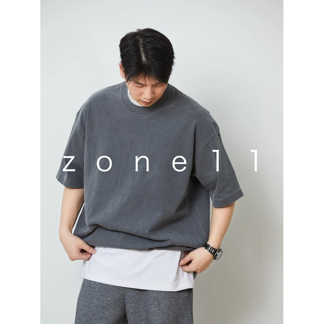 Zone11夏「ZEN」纯棉水洗T恤复古做旧短袖美式宽松大码休闲26011