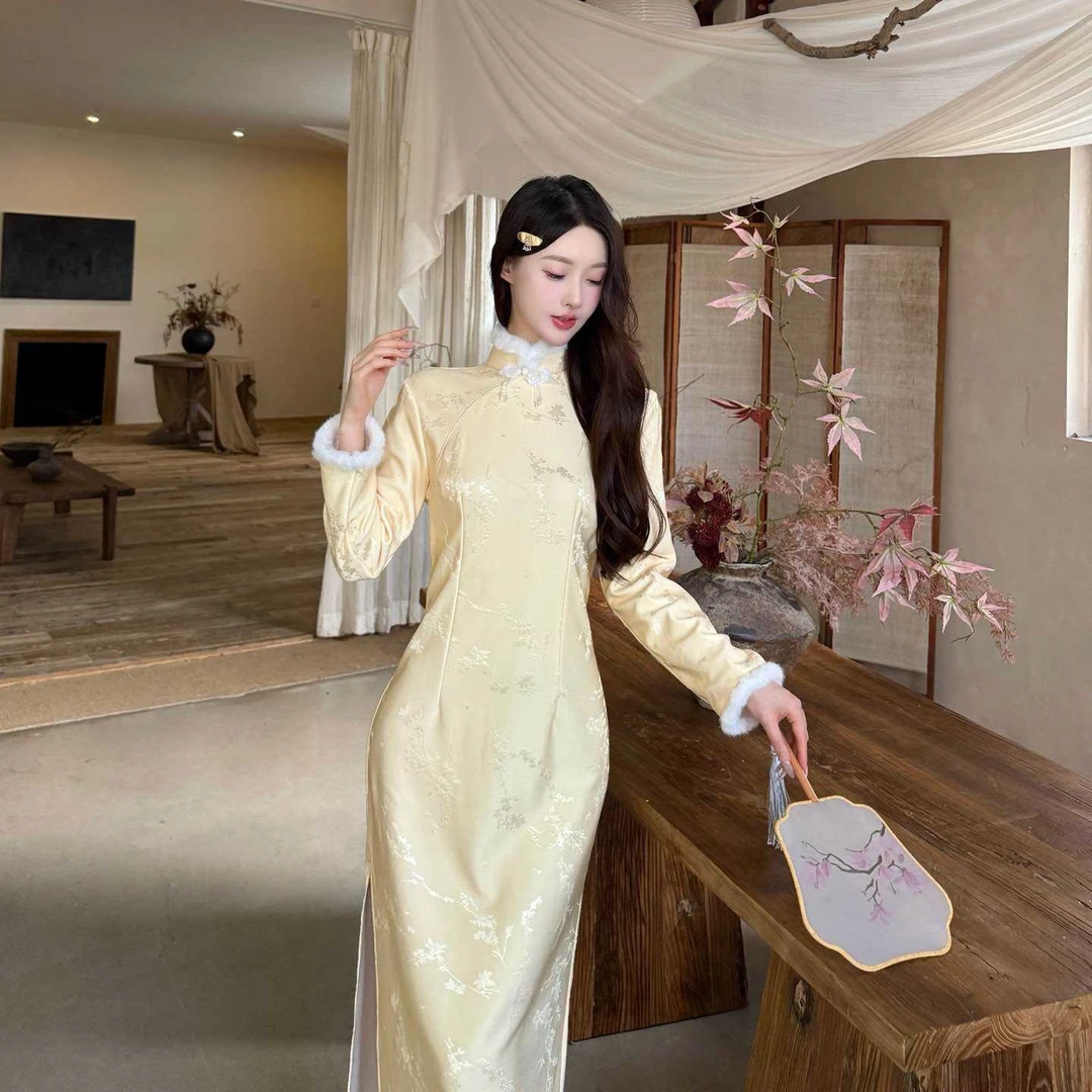 【华夫人】黄色提花复合绒少女减龄新中式日常旗袍