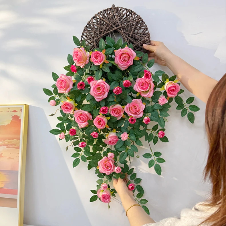 【送飞盘】仿真如意玫瑰花壁挂墙面装饰假花客厅户外花墙逼真立体
