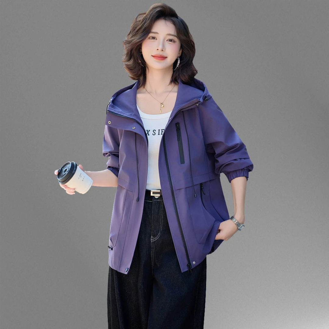 小个子大码风衣外套女短款春秋2025新款韩版显瘦休闲连帽夹克上衣