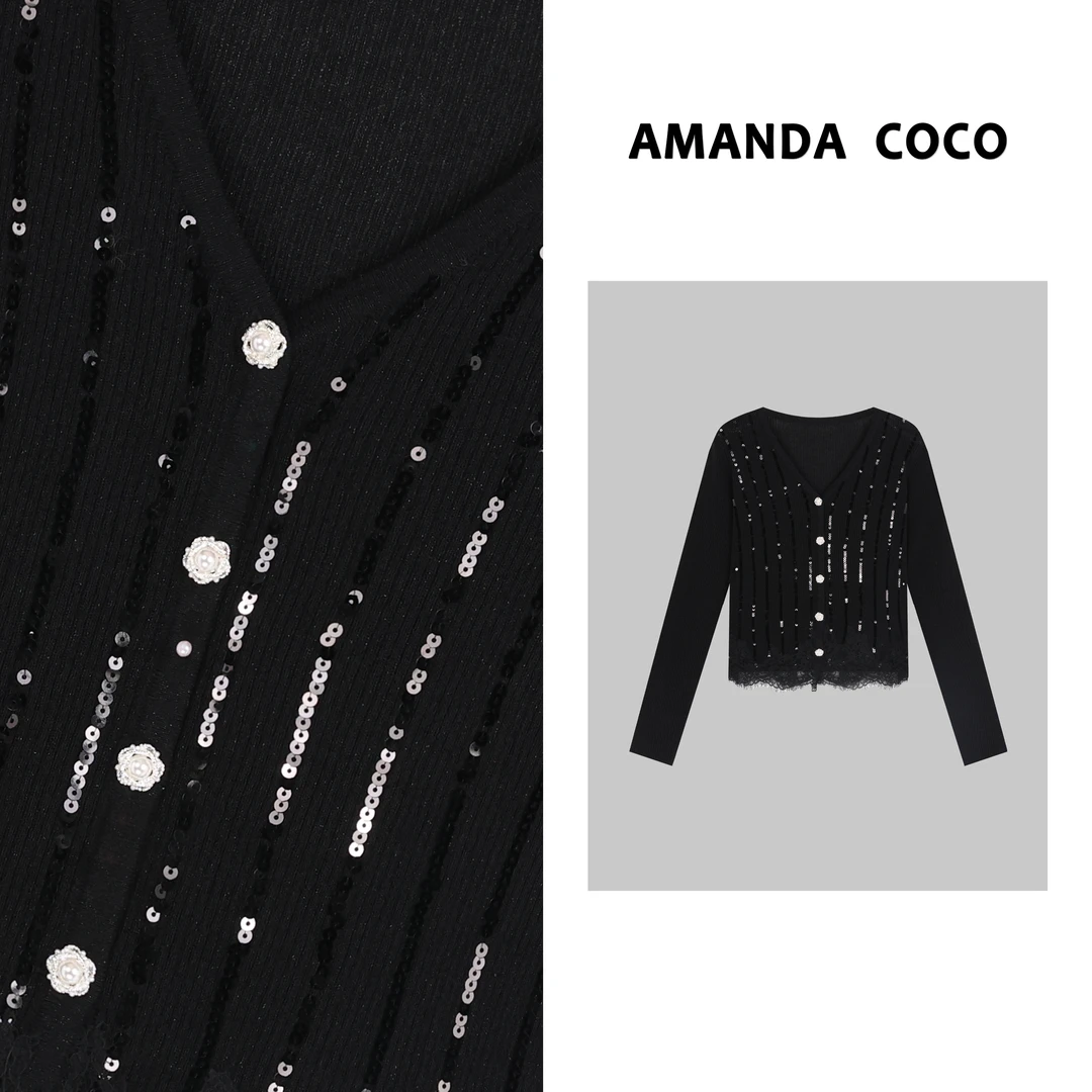 静静丨2025春夏高定亮片蕾丝拼接精致氛围感毛衣