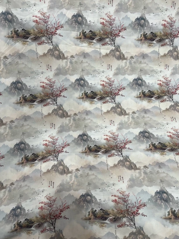 山水画数码印花云锦缎棉绸人造棉布料