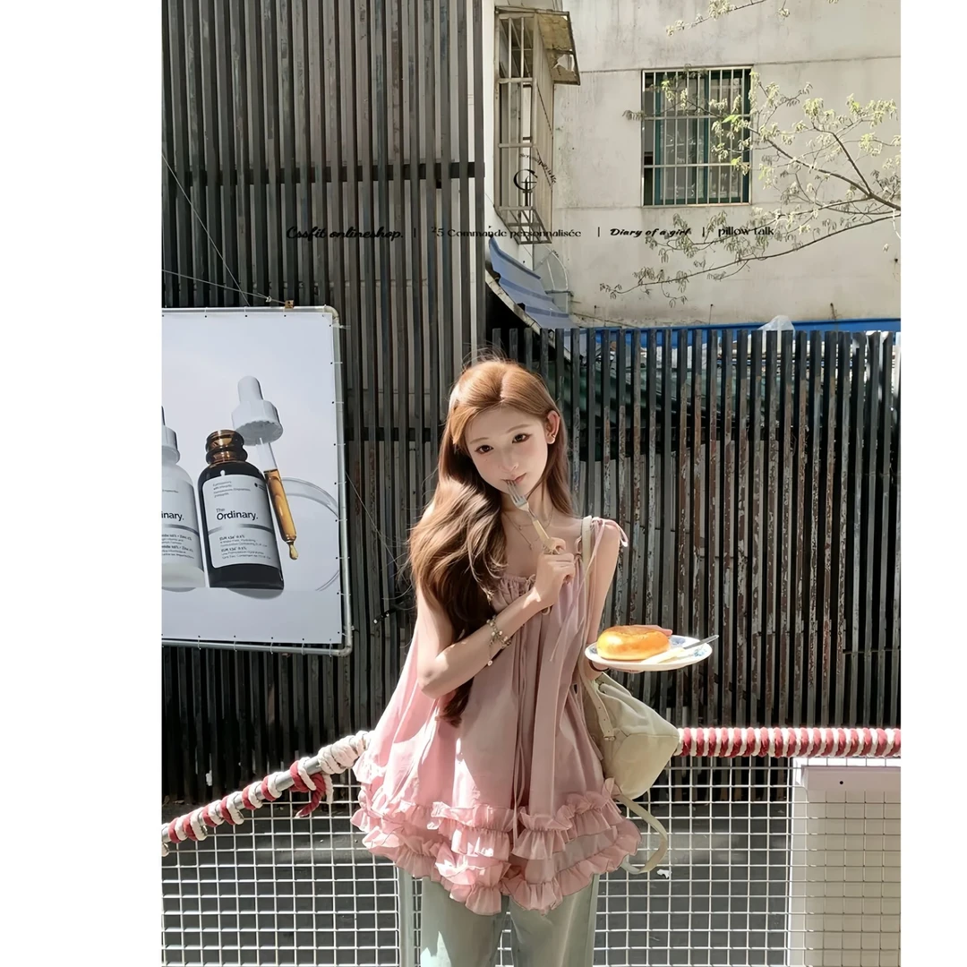 冰莓夏日祭 冰粉色系田园风甜美带木耳边温柔显瘦气质吊带裙夏季