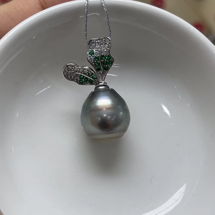 海水珍珠颈饰银S925镶嵌大溪地14-15mm65号