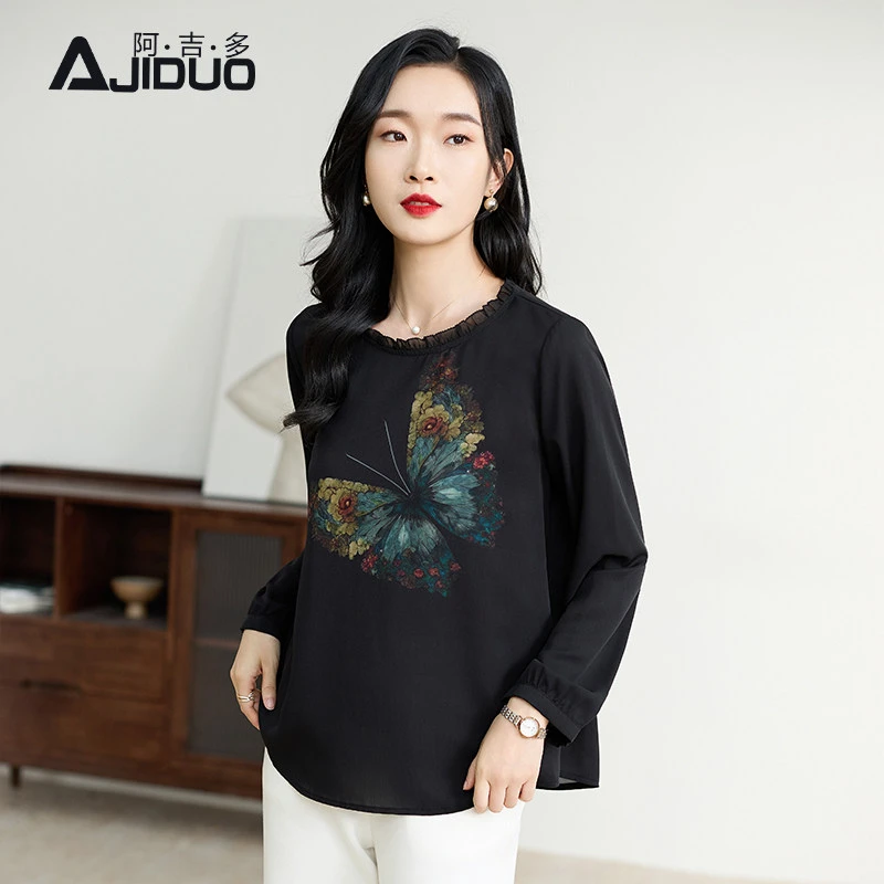 阿吉多黑色长袖衬衫女秋季2025新款蝴蝶印花小衫高端小资小上衣