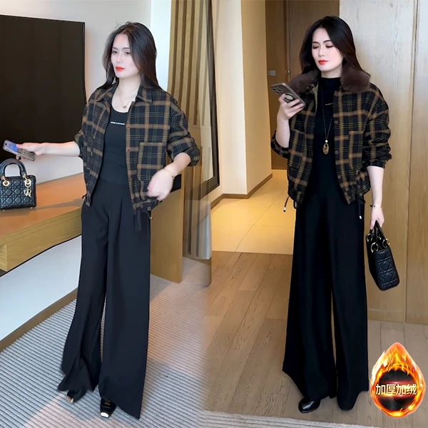 【季颜品牌】新款休闲显瘦时尚气质洋气格子拼接长袖加绒短外套72