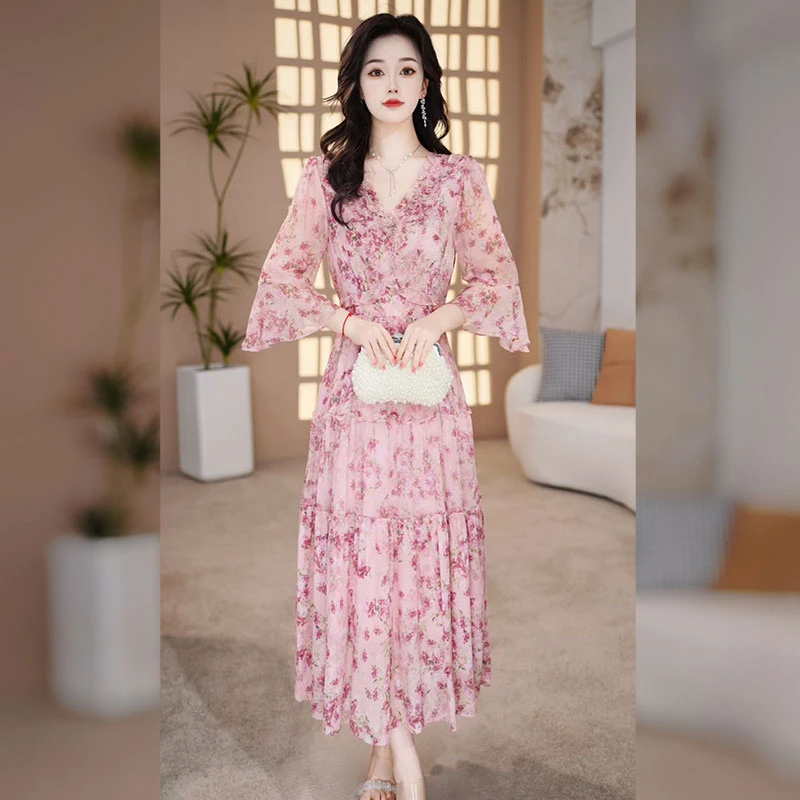【千羽定制】粉色碎花连衣裙2025年夏季新款减龄洋气荷叶边A字裙子