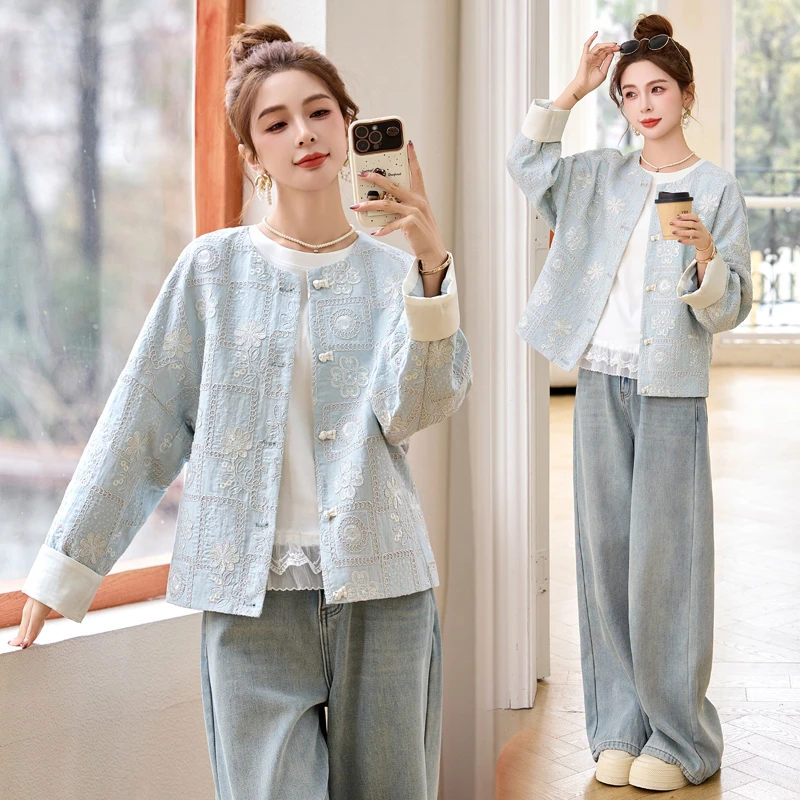 新中式国风刺绣盘扣外套女2025年春秋新款名媛气质温柔风短款上衣