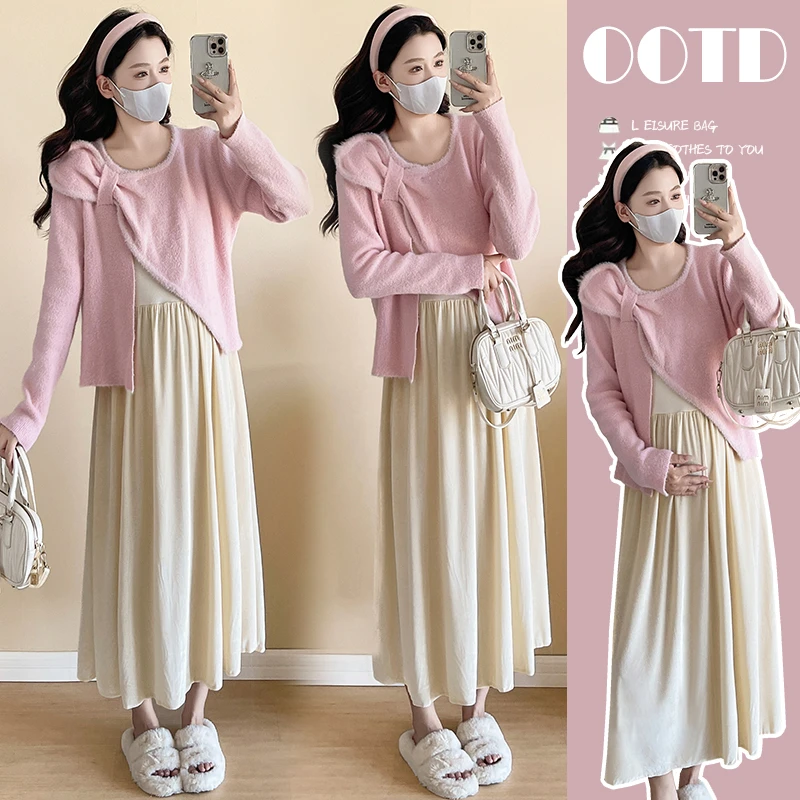 孕妇装秋冬款时尚韩版不规则圆领蝴蝶结毛衣宽松褶皱半身裙套装