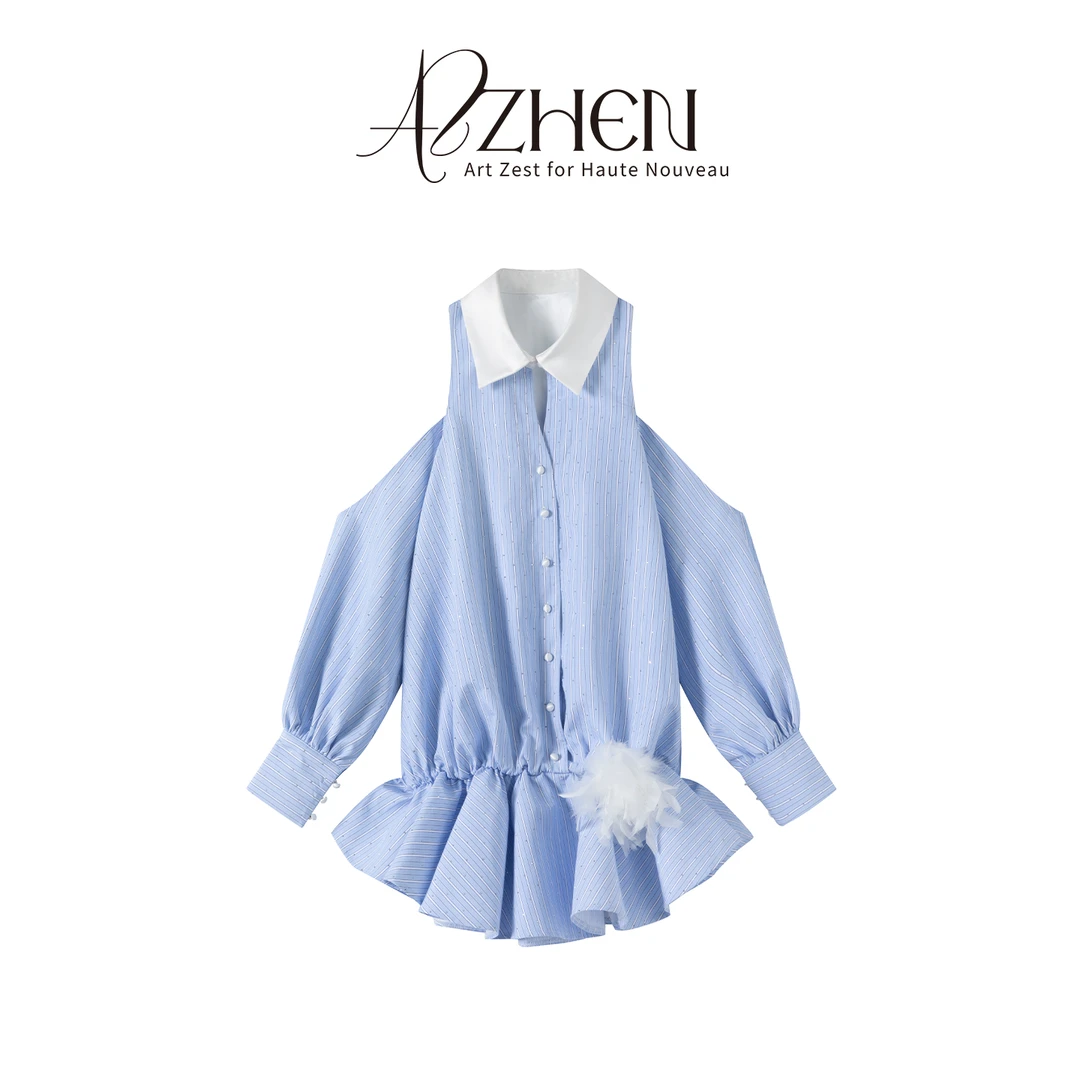 AZZHEN【轻羽悸动】条纹烫钻落肩长袖夏季气质牛仔连衣裙AZ5BSL25