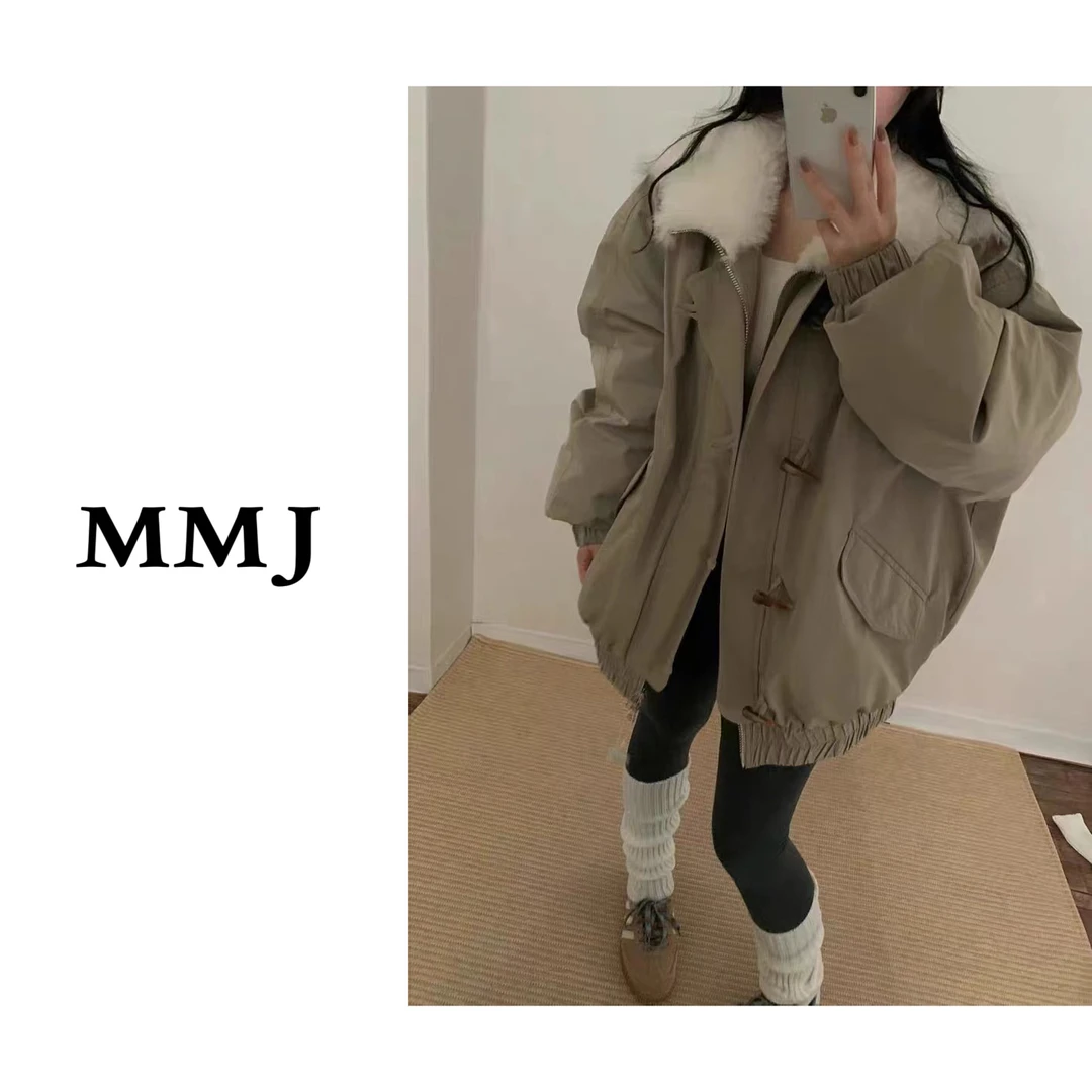 木木家【年货节福利】羊羔毛大翻领牛角扣派克服
