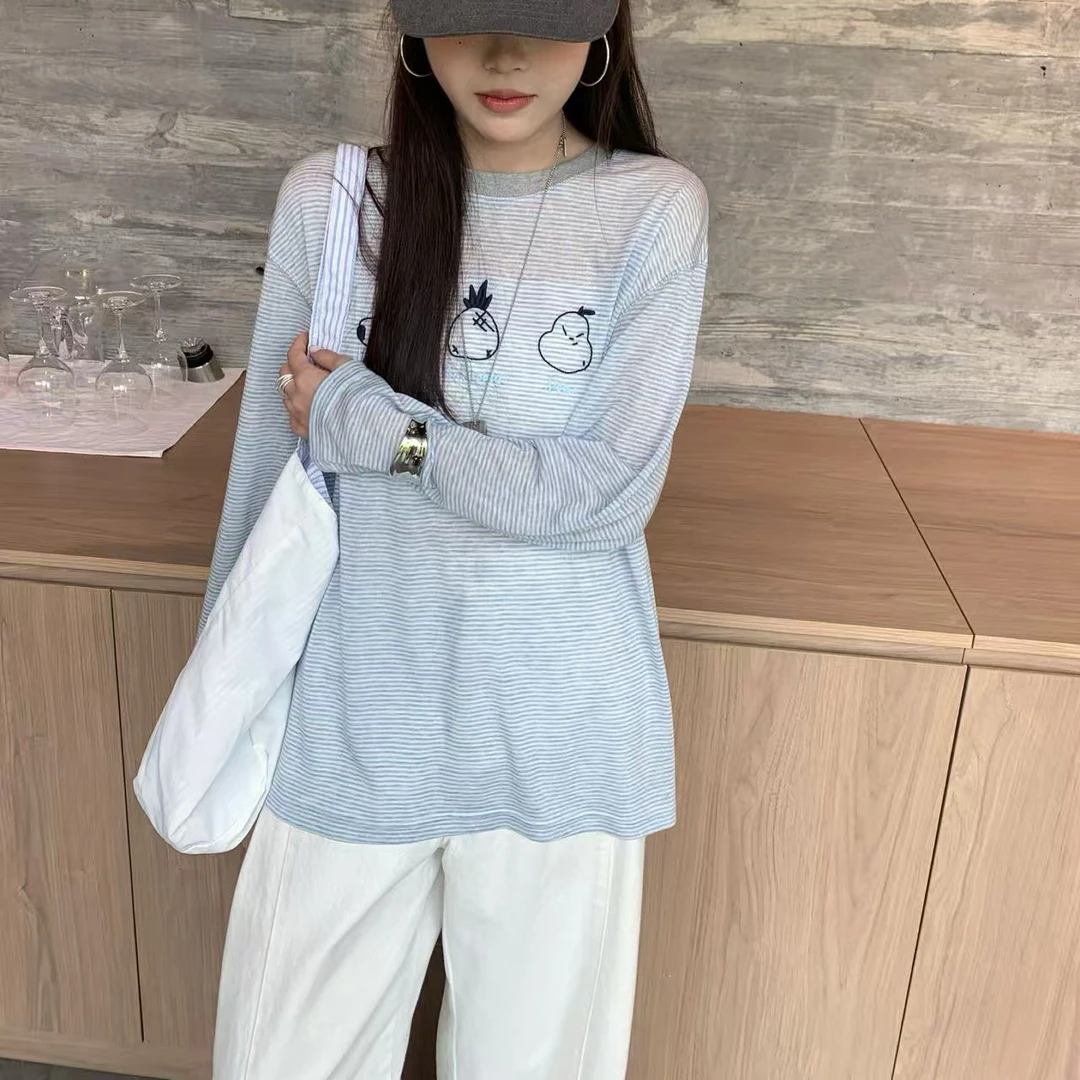FUJIA STYLE新款韩版刺绣水果条纹时尚长袖T恤T1532