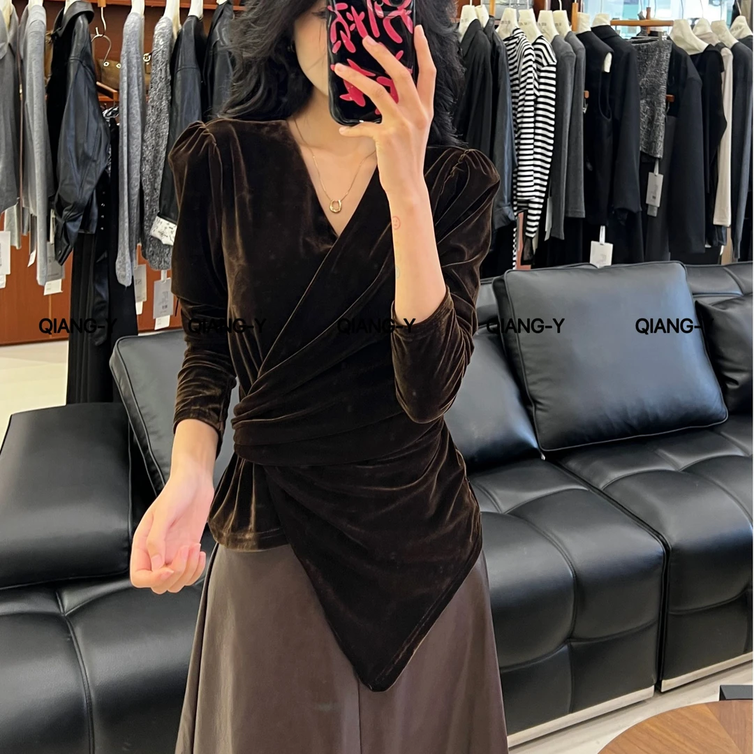 拼接长袖V领短袖修身型设计感黑色法式常规款322