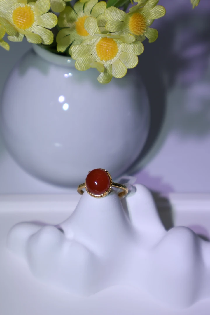 保山冰红南红玛瑙蛋面戒指S925银