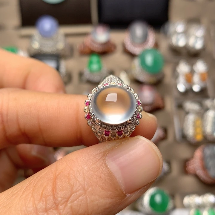 翡翠合金戒指翡翠玻璃种白钢戒面