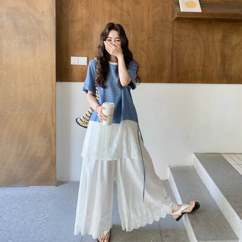 不规则拼色上衣蕾丝提花裙裤套装2025夏季新款氛围感文艺范两件套