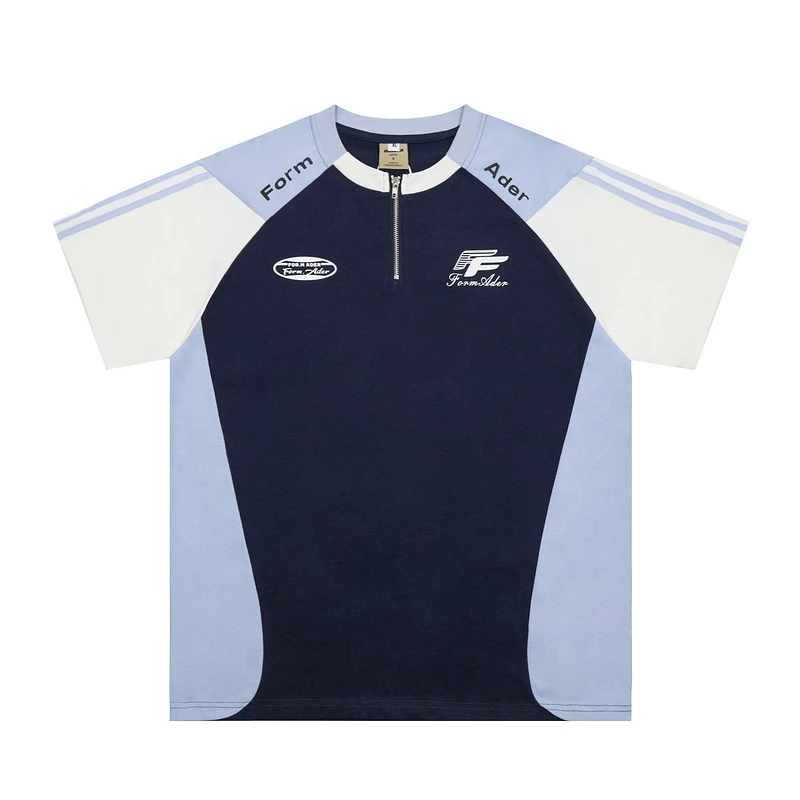 美式休闲宽松运动潮流拼色插肩袖短t日系街头拉链开领圆领短袖T恤