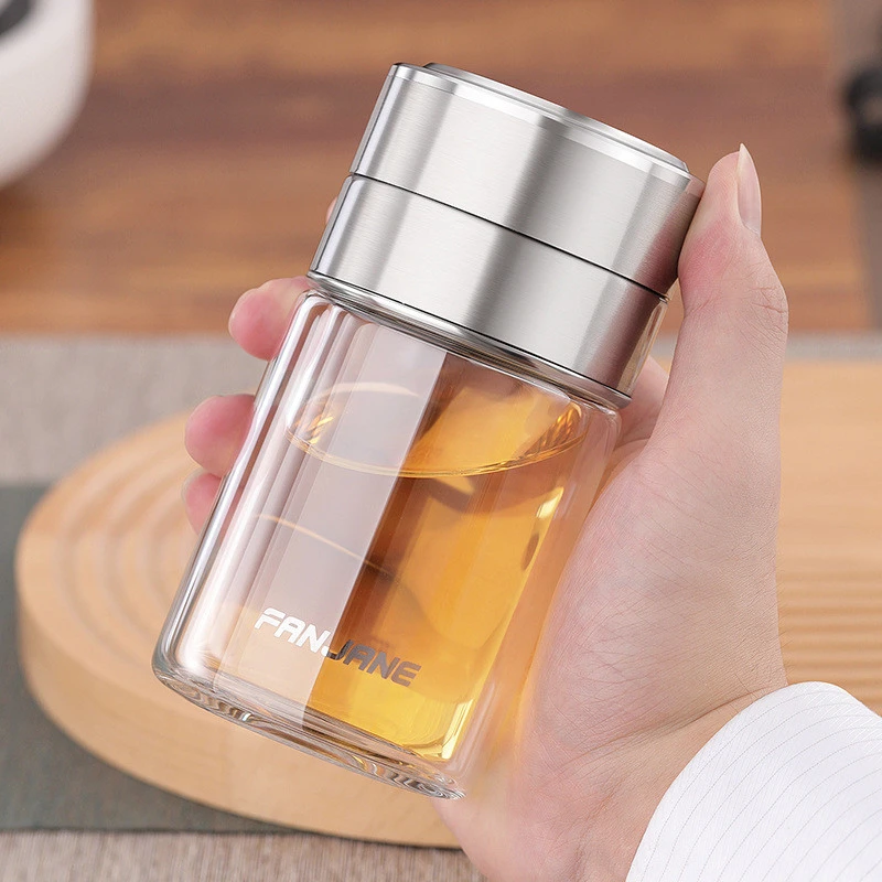 繁简茶水分离杯双层玻璃杯公室便携过滤泡茶水杯子网红旅行刻字