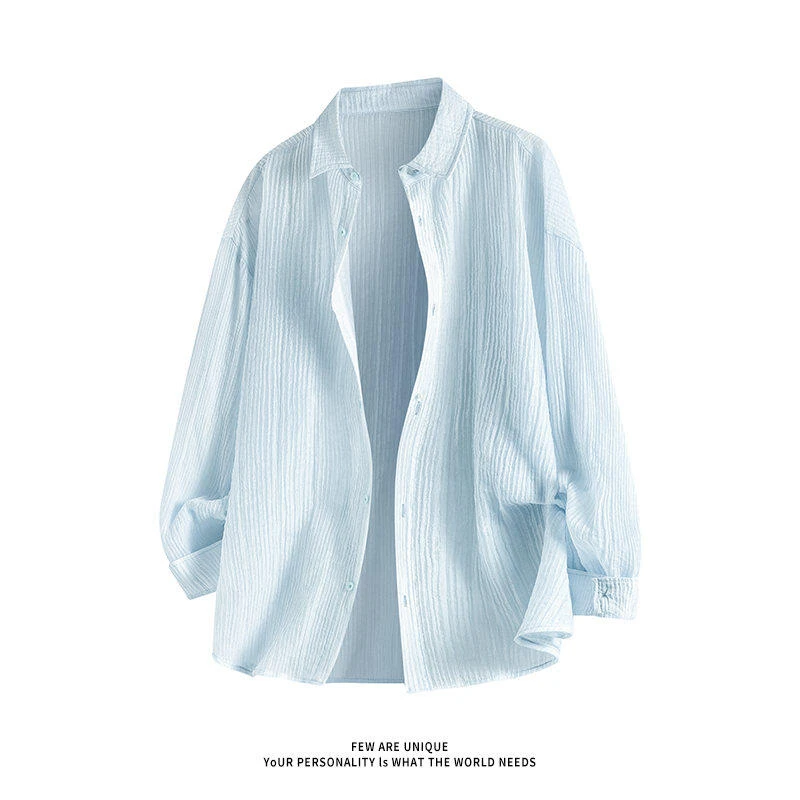 【断码清仓】冰丝轻薄衬衫男夏季薄款外套高级感浅蓝色痞帅防晒衬衣