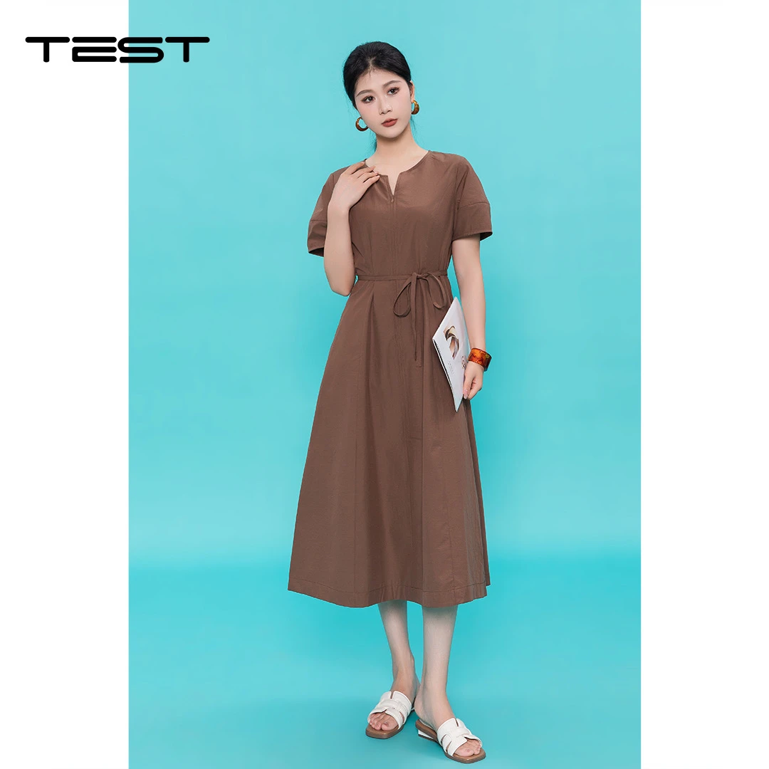 夏季时尚V领收腰短袖气质通勤百搭连衣裙4252145