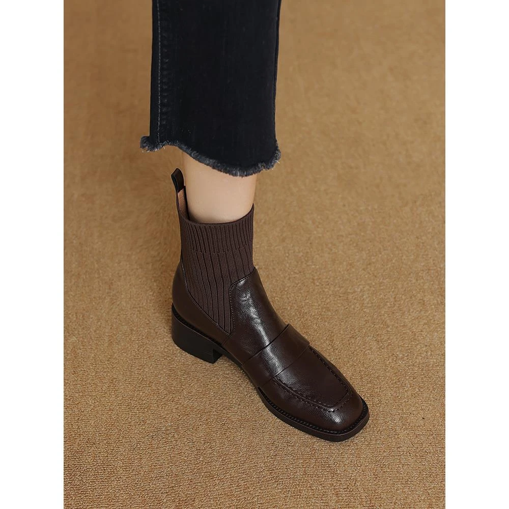 法式针织拼接粗跟弹力短靴女2025秋冬新款袜靴棕色瘦瘦靴