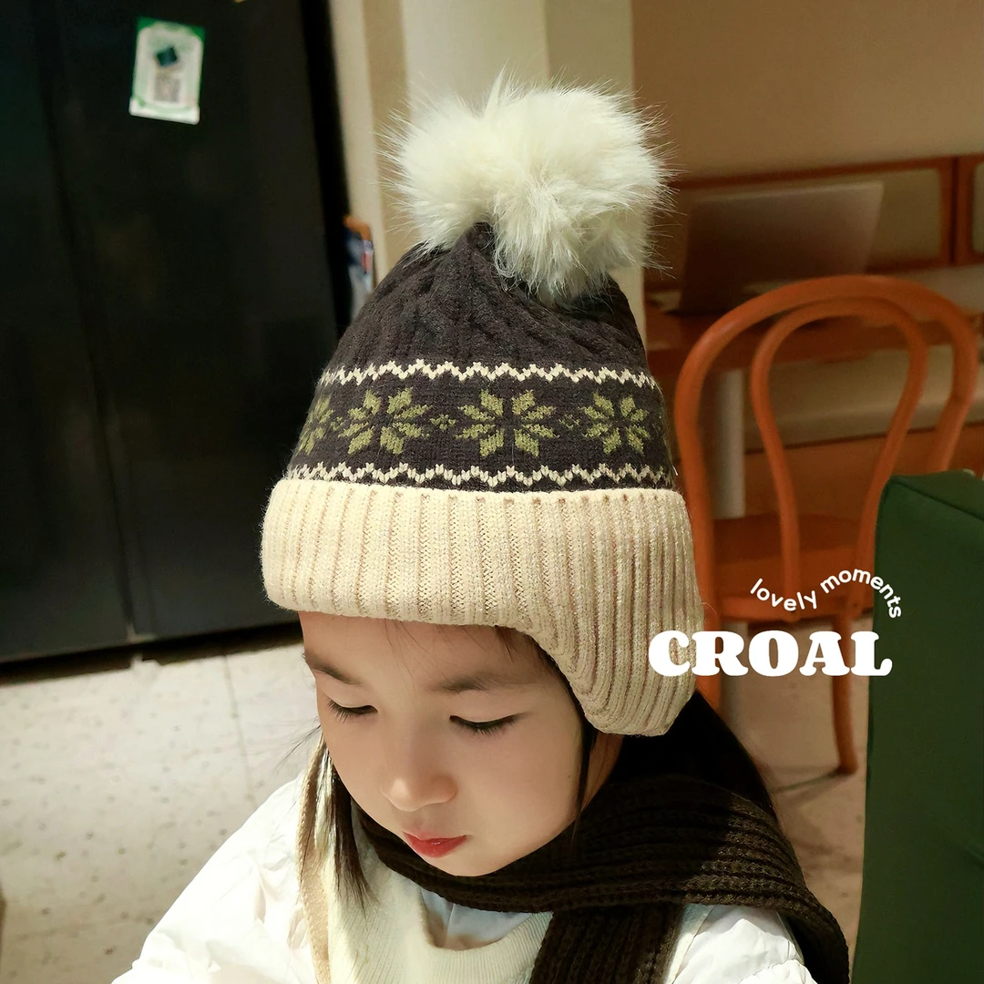 费尔岛风韩国儿童针织帽秋冬季复古宝宝系带毛线护耳帽男女童帽子