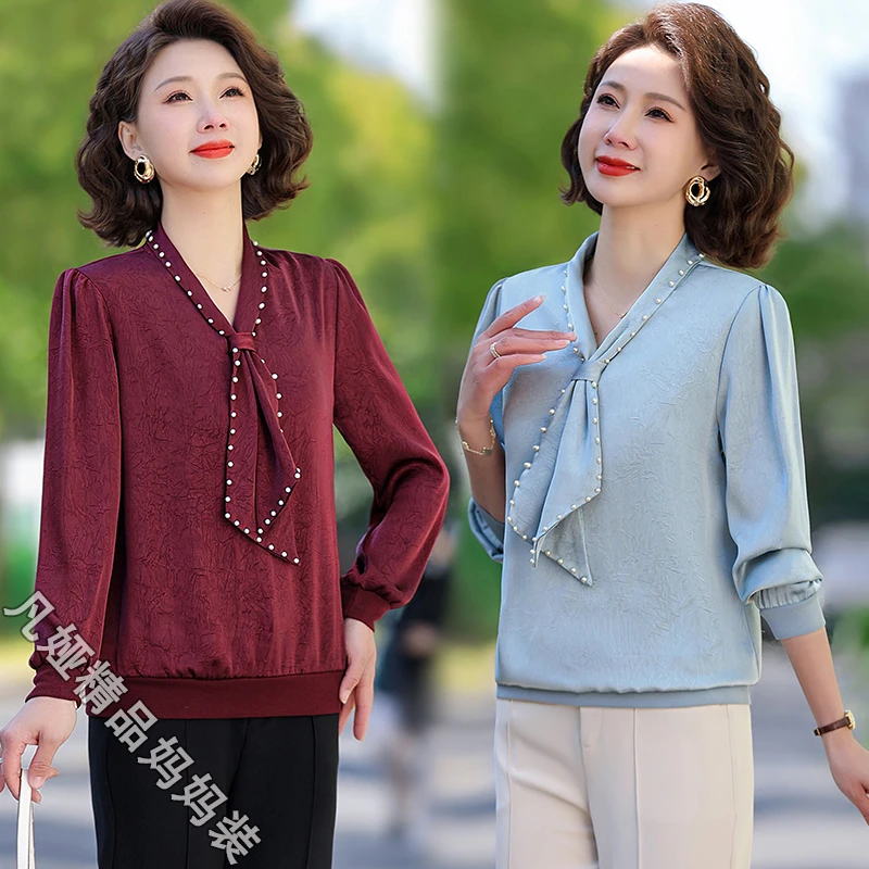 2025新款妈妈装洋气高贵小衫纯色别致上衣中老年女减龄显气质衣服