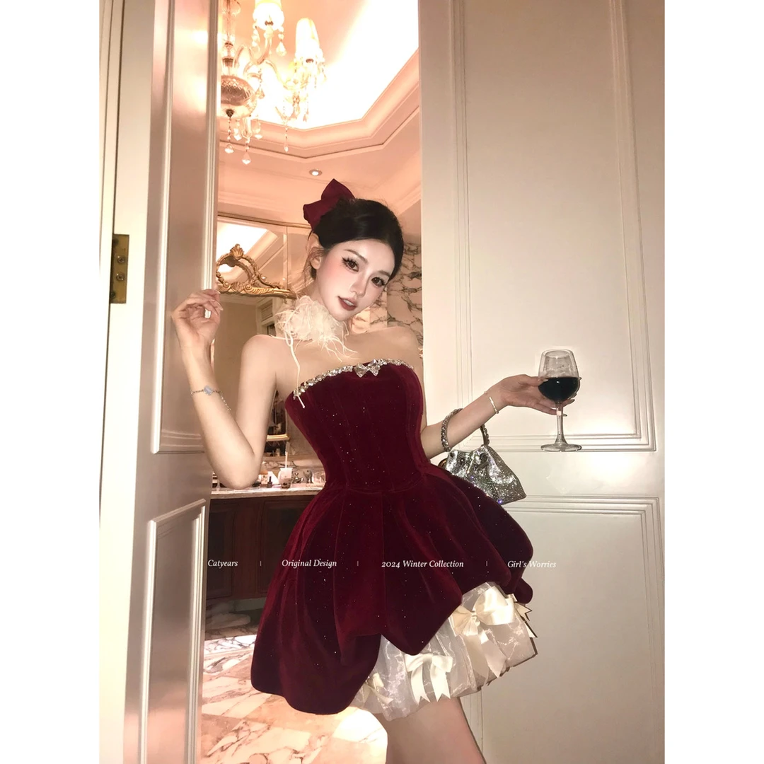 Catyears猫年【初雪&New Years】重工红丝绒抹胸生日战袍裙子小礼裙