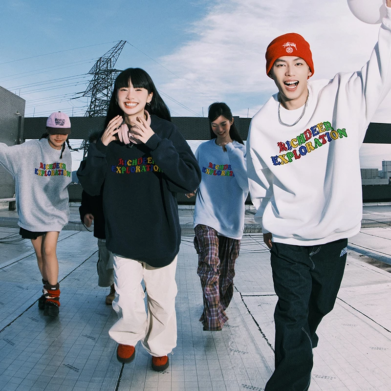 RICHDEER｜美式街头趣味字母重磅420G卫衣情侣字母印花圆领上衣