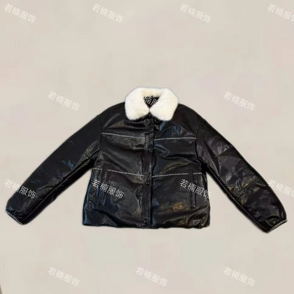 【若楠服饰】洋气白线方领潮流女士皮衣外套-25999