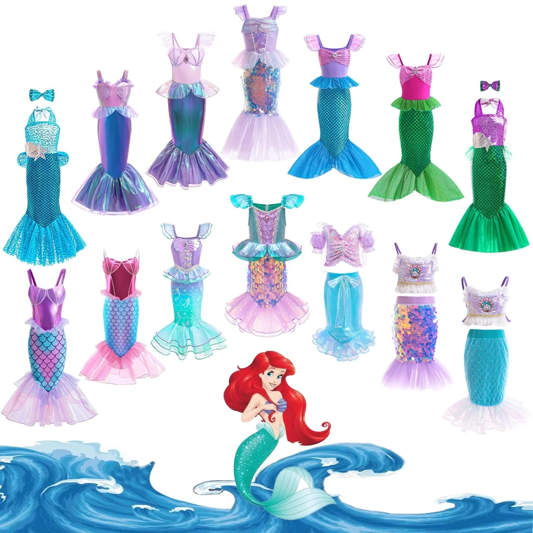 爱丽儿儿童无袖公主裙鱼尾长裙女童美人鱼小飞袖亮片连衣裙