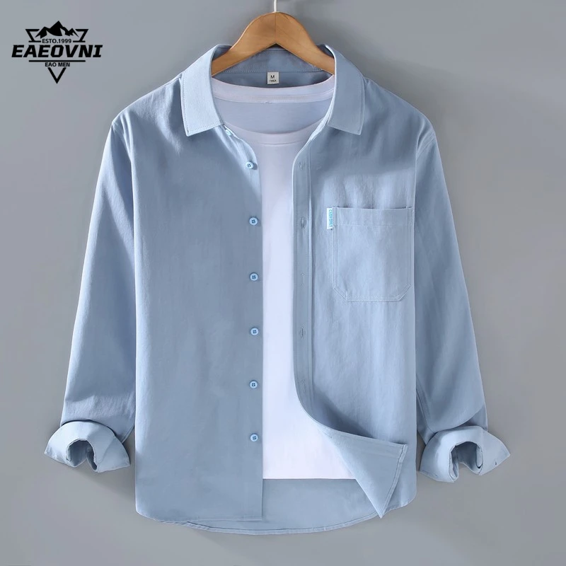 EAEOVNI纯色全棉长袖衬衫男装春秋季百搭外穿小清新衬衣外套