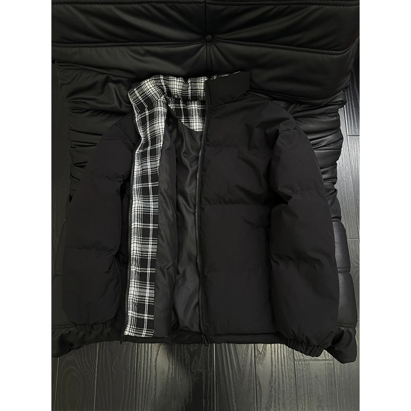 黑色格子拼接短款棉服男冬季cleanfit加厚棉衣外套美式立领面包服