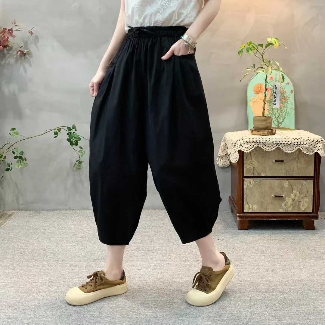 2025新款夏款复古文艺休闲裤女高腰宽松哈伦裤工装薄款萝卜裤