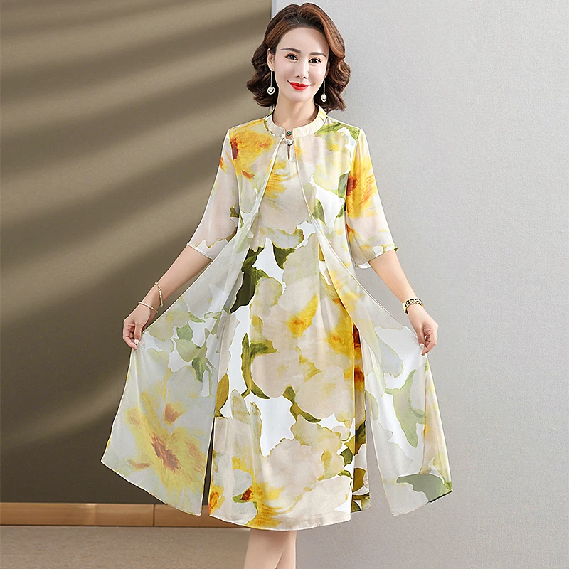 【大唐夫人】洋气印花连衣裙气质妈妈夏季休闲宽松中长款雪纺裙