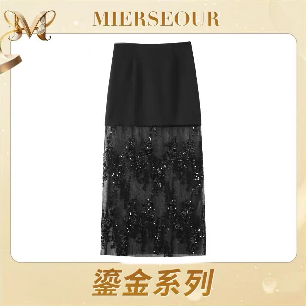 MIERSEOUR鎏金系列【热恋岛屿】时尚亮片蕾丝拼接显瘦半身裙3070