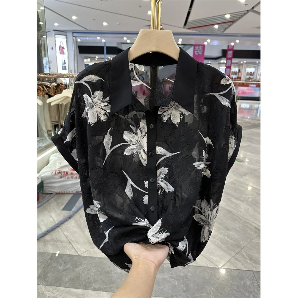 GPTSu时尚妈妈装短袖印花雪纺衬衫女2025新款减龄小衫中老年上衣