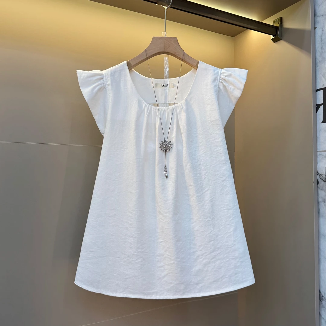 2025法式韩系圆领小飞飞袖宽松娃娃服净版胖mm休闲小衫1569