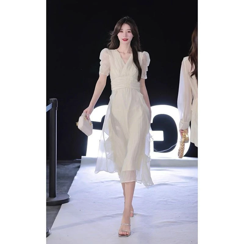 收腰子雪纺连衣裙FL231428夏季女装仙气白色新款精致收腰法式长
