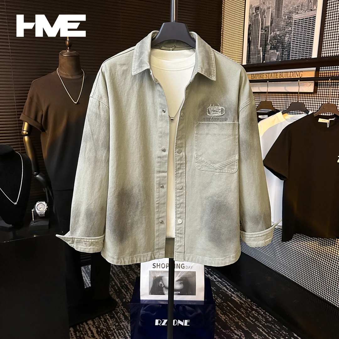 【HMEYAO】原创春季做旧晕染纯棉撞色刺绣字母贴布绣花长袖翻领衬衫