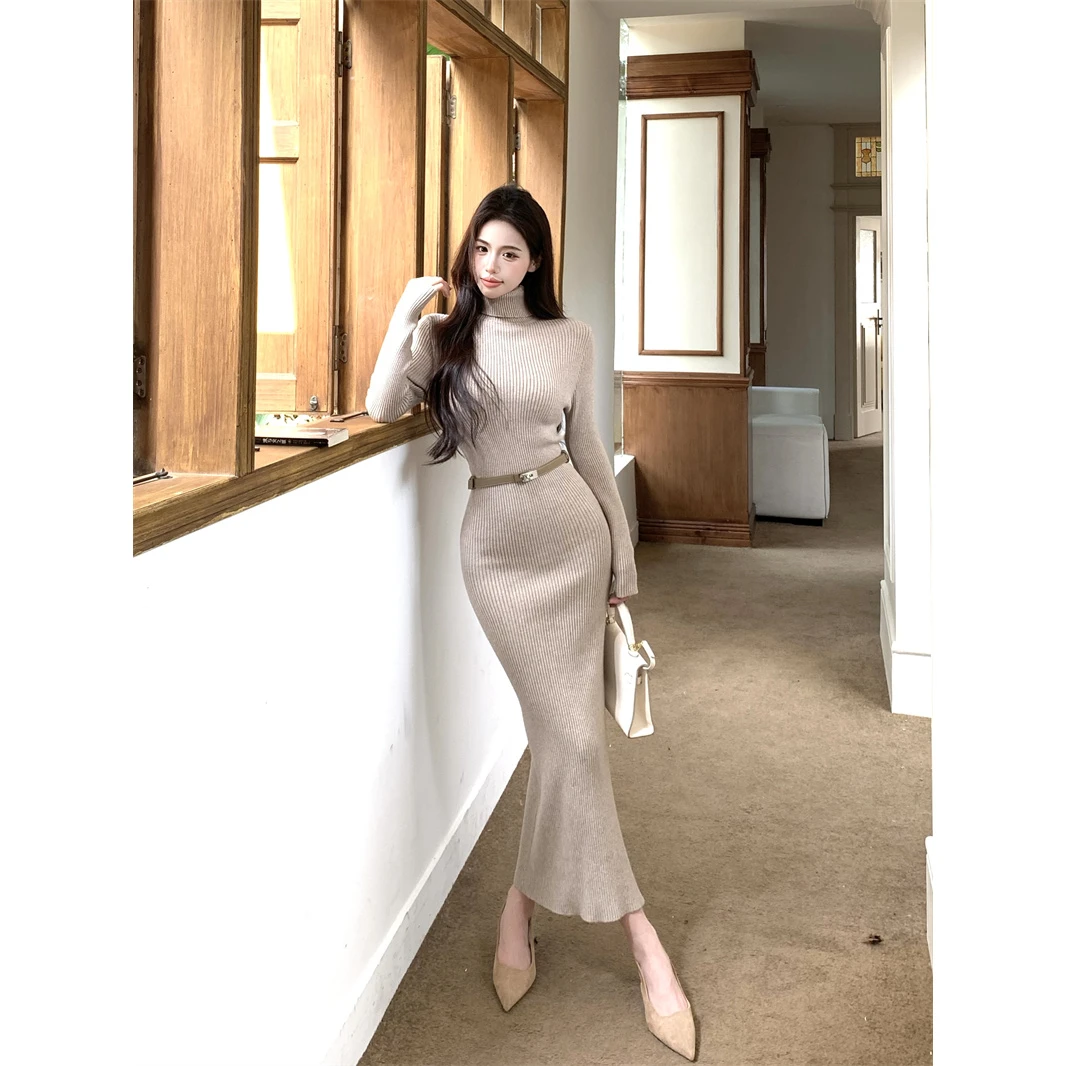 韩国气质高领针织毛衣连衣裙秋冬纯欲小心机开叉收腰紧身包臀长裙