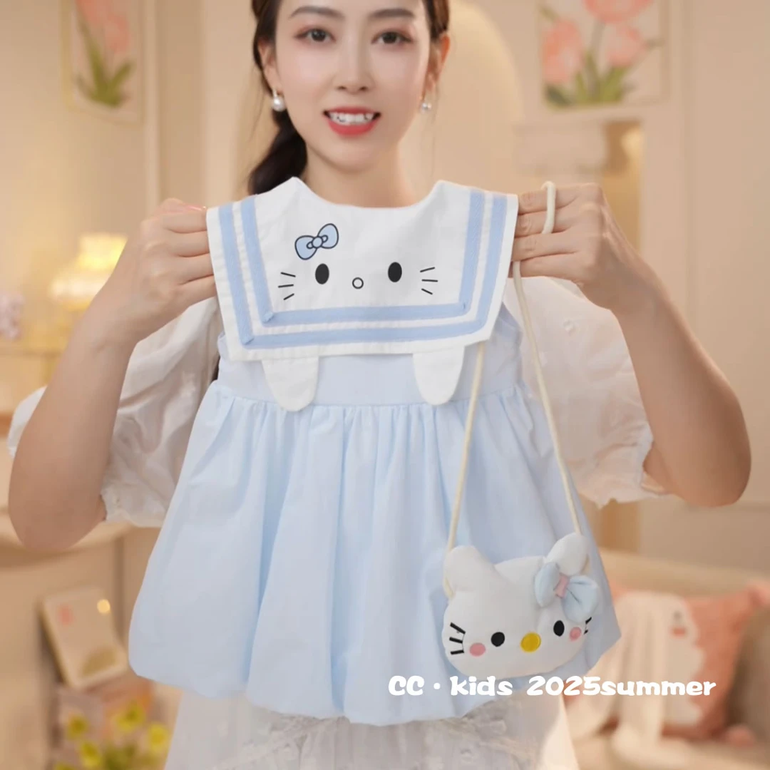 儿童装女童夏季女宝宝可爱甜美学院风猫咪海军领花苞连衣裙25516