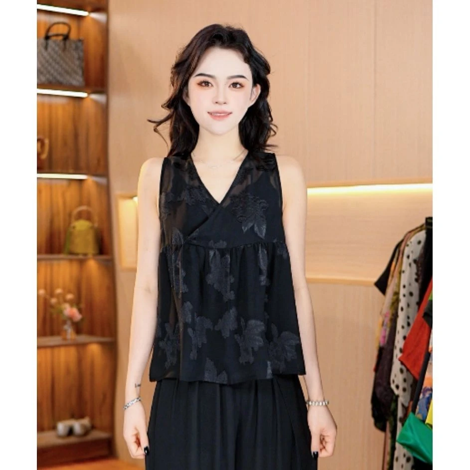 2025新款小众精致提花雪纺背心优雅V领新中式设计宽松版型雪纺面