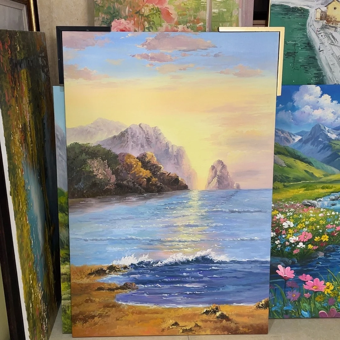 横款纯手绘油画，画面尺寸120*80cm 带黑色立体框