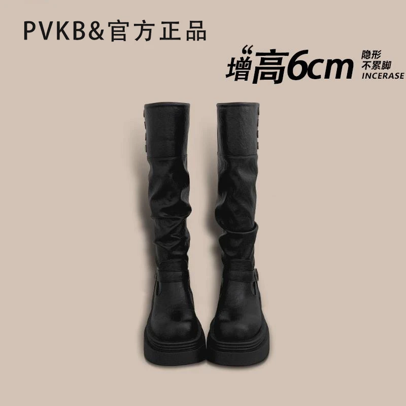 【PVKB&专柜女鞋】长筒靴女2025新款秋冬厚底黑色堆堆靴高筒长靴